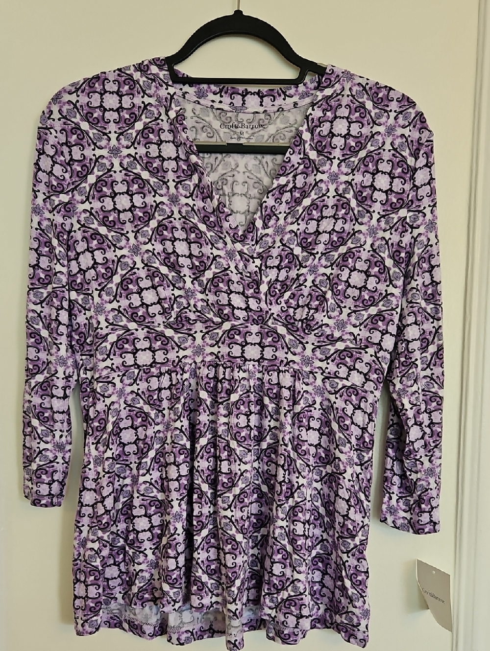 croft & barrow Purple and Black Printed Wrap-Style Peplum Top